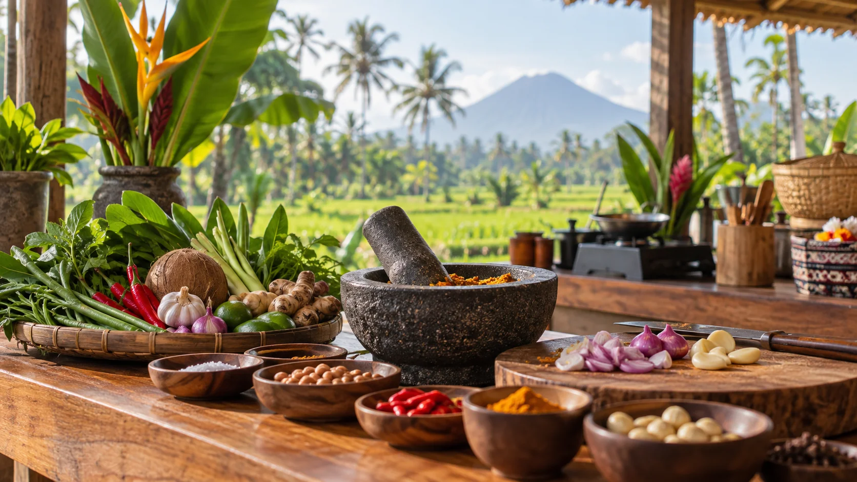 Balinese cooking ingredients prepared for a cooking class