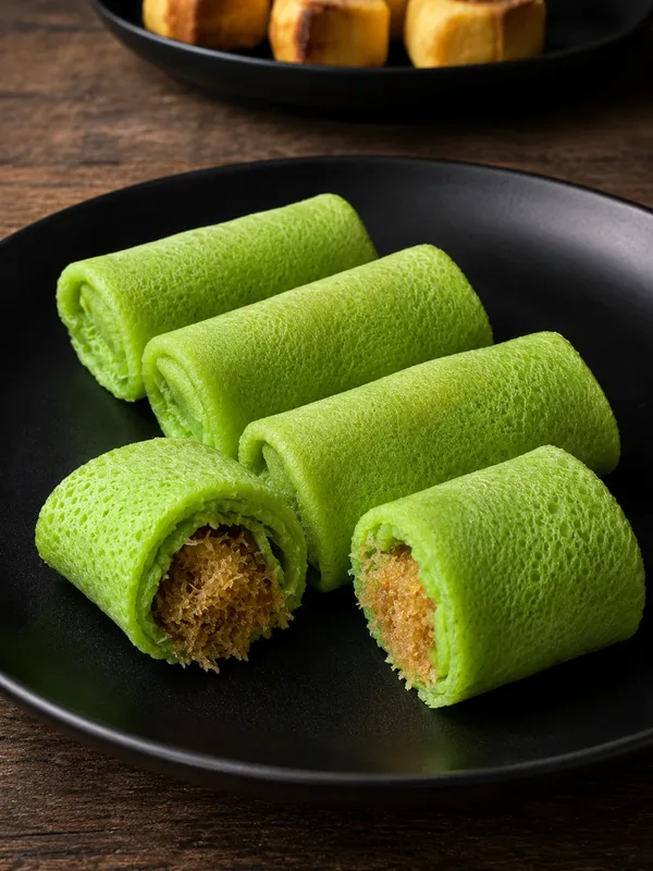 Traditional Dadar Gulung pandan crepes with sweet coconut filling at Oemah Tepi Sawah
