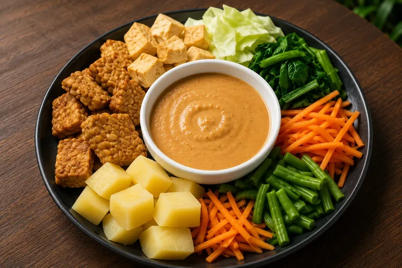 Gado-Gado with tofu, tempeh, vegetables and homemade peanut sauce at Oemah Tepi Sawah