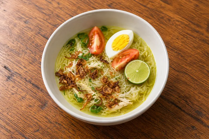 Soto Ayam Indonesian chicken soup with rice noodles, egg, cabbage and lime