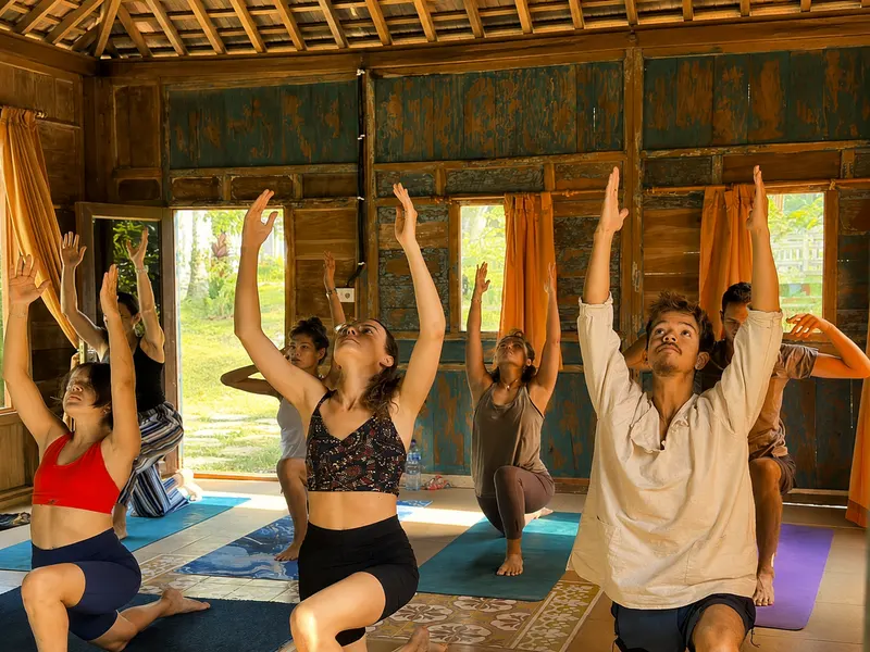 Group yoga session at Oemah Tepi Sawah in Bali