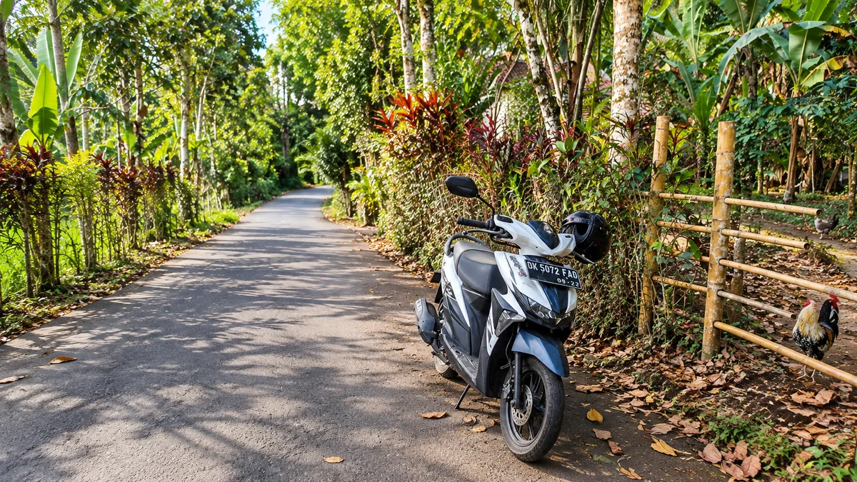 Scooter on a quiet village road near Oemah Tepi Sawah in Bali