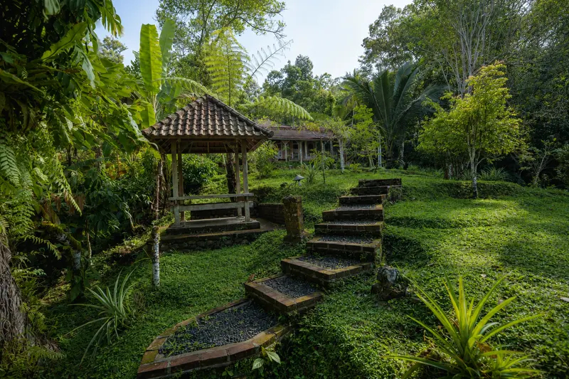 Traditional garden gazebo surrounded by tropical plants