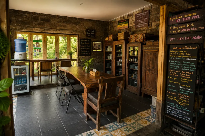 Open-air kitchen and dining area at Oemah Tepi Sawah